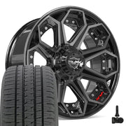 Set(4) 20x9 4P80R Gloss Black Brushed with Tinted Clear - 6x135 &amp; 6x139.7 +0ET with 275/55r20 Bridgestone Dueler Alenza HL Plus Tires &amp; TPMS