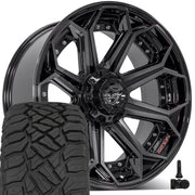 Set(4) 22x10 4P80R Gloss Black Brushed with Tinted Clear - 5x127 &amp; 5x139.7 -24ET with 285/45r22 Sailun TerraMax RT Tires &amp; TPMS