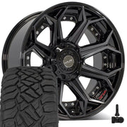 Set(4) 22x10 4P80R Gloss Black Brushed with Tinted Clear - 5x127 &amp; 5x139.7 -24ET with 33x12.50r22 Sailun TerraMax RT Tires &amp; TPMS