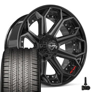 Set(4) 22x10 4P80R Gloss Black Brushed with Tinted Clear - 6x135 &amp; 6x139.7 -18ET with 285/45r22 Goodyear Eagle Touring Tires &amp; TPMS