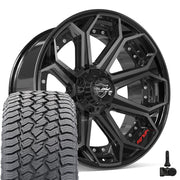 Set(4) 22x10 4P80R Gloss Black Brushed with Tinted Clear - 6x135 &amp; 6x139.7 -18ET with 285/45r22 Sailun TerraMax AT2 Tires &amp; TPMS