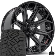 Set(4) 22x10 4P80R Gloss Black Brushed with Tinted Clear - 6x135 &amp; 6x139.7 -18ET with 285/45r22 Sailun TerraMax RT Tires &amp; TPMS