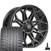 Set(4) 22x9 4P83 Gloss Black Brushed with Tinted Clear - 6x135 &amp; 6x139.7 +12ET with 285/45r22 Goodyear Eagle Sport Tires &amp; TPMS