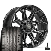Set(4) 22x9 4P83 Gloss Black Brushed with Tinted Clear - 6x135 &amp; 6x139.7 +12ET with 285/45r22 Goodyear Eagle Touring Tires &amp; TPMS