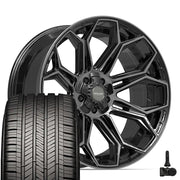 Set(4) 22x10 4P83 Gloss Black Brushed with Tinted Clear - 5x127 &amp; 5x139.7 -18ET with 285/45r22 Goodyear Eagle Touring Tires &amp; TPMS