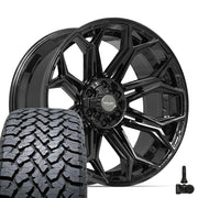 Set(4) 22x10 4P83 Gloss Black - 6x135 &amp; 6x139.7 -18ET with 285/45r22 TBB TS-37 AT Tires &amp; TPMS