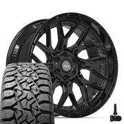 Set(4) 22x10 4PL28 Gloss Black - 6x135 &amp; 6x139.7 -18ET with 33x12.50r22 TBB TS-57 RT Tires &amp; TPMS