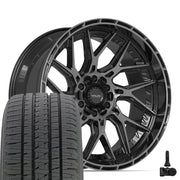 Set(4) 22x10 4PL28 Gloss Black Brushed with Tinted Clear - 6x135 &amp; 6x139.7 -18ET with 285/45r22 Bridgestone Dueler Alenza HL Tires &amp; TPMS