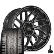 Set(4) 22x10 4PL28 Gloss Black Brushed with Tinted Clear - 6x135 &amp; 6x139.7 -18ET with 285/45r22 Goodyear Eagle Touring Tires &amp; TPMS