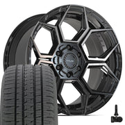 Set(4) 20x9 4PS26 Gloss Black Brushed with Tinted Clear - 6x135 &amp; 6x139.7 -6ET with 275/55r20 Bridgestone Dueler Alenza HL Plus Tires &amp; TPMS
