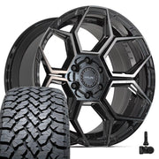 Set(4) 20x9 4PS26 Gloss Black Brushed with Tinted Clear - 6x135 &amp; 6x139.7 -6ET with 275/55r20 TBB TS-37 AT Tires &amp; TPMS