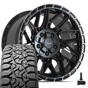 Set(5) 17x9 4PS28 Gloss Black Brushed with Tinted Clear - 5x127 &amp; 5x139.7 -6ET with 33x12.50r17 TBB TS-57 RT Tires &amp; TPMS
