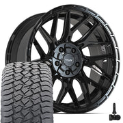 Set(4) 20x9 4PS28 Gloss Black Brushed with Tinted Clear - 5x127 &amp; 5x139.7 -6ET with 275/55r20 Sailun TerraMax AT2 Tires &amp; TPMS