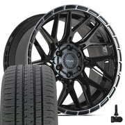 Set(4) 20x9 4PS28 Gloss Black Brushed with Tinted Clear - 6x135 &amp; 6x139.7 -6ET with 275/55r20 Bridgestone Dueler Alenza HL Plus Tires &amp; TPMS