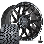 Set(4) 20x9 4PS28 Gloss Black Brushed with Tinted Clear - 6x135 &amp; 6x139.7 -6ET with 275/55r20 TBB TS-37 AT Tires &amp; TPMS